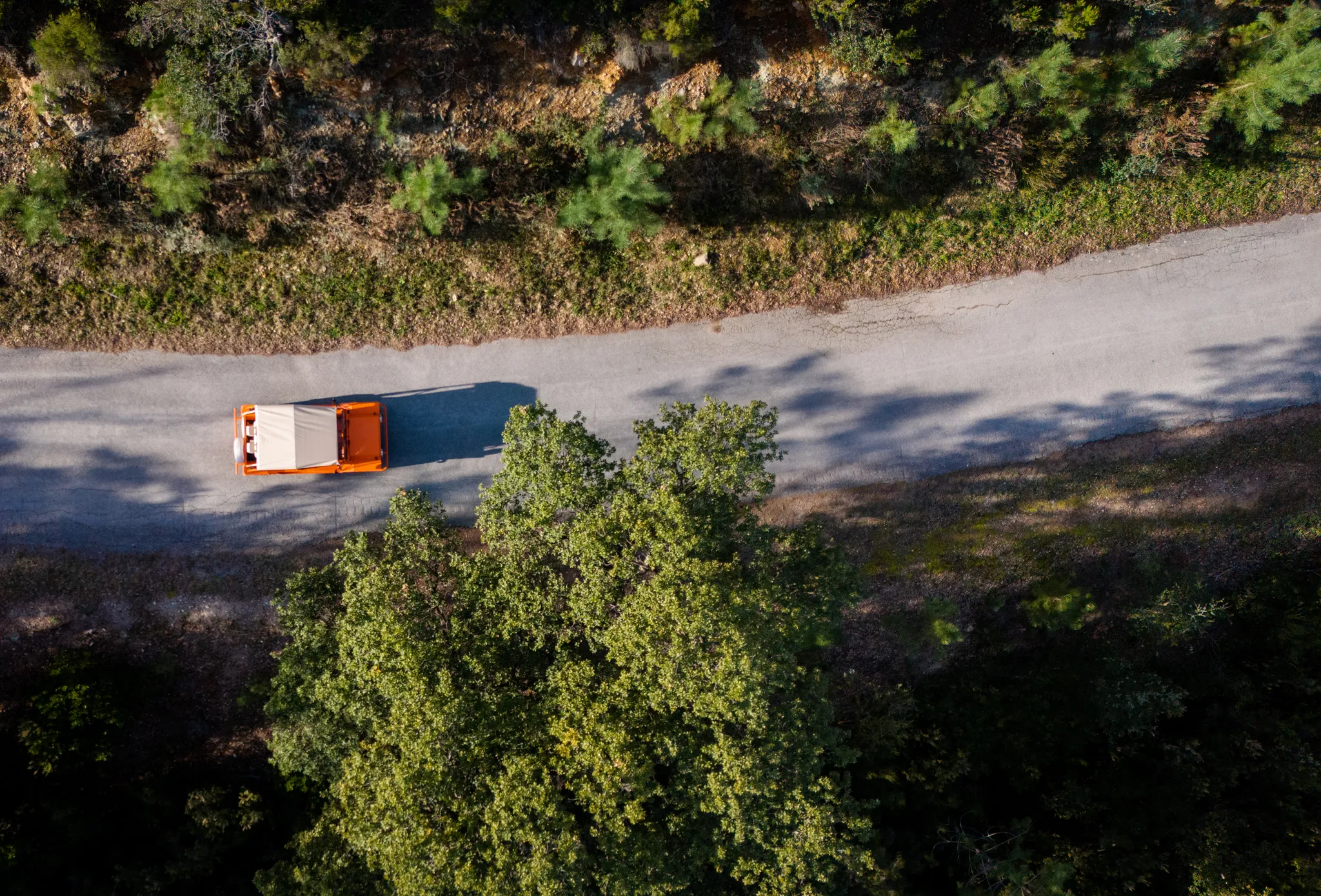 Kate voiture électrique orange vue du dessus sur route en pleine nature